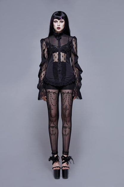 Black Chiffon High Collar Front Chest Beaded Flowers Lace Cuff Back Waist Lace Up Women's Gothic Blouse