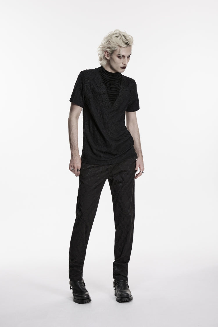 Black High Collar Short Sleeves Spliced Pleated Men's Gothic Shirt