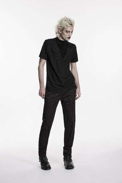 Black High Collar Short Sleeves Spliced Pleated Men's Gothic Shirt
