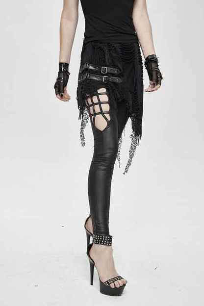 Black Fake Two Pieces Ripped Skirts Sexy Leggings Womens Pants