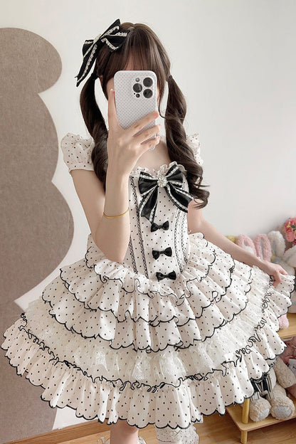 Beige Sleeveless Multi-Layered Polka Dots Printed Ruffled Bow Sweet Princess Lolita Jsk Dress