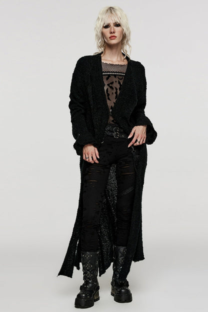 Black Lapel Collar Long Sleeves Wool Slit Hem Irregular Women's Punk Jacket