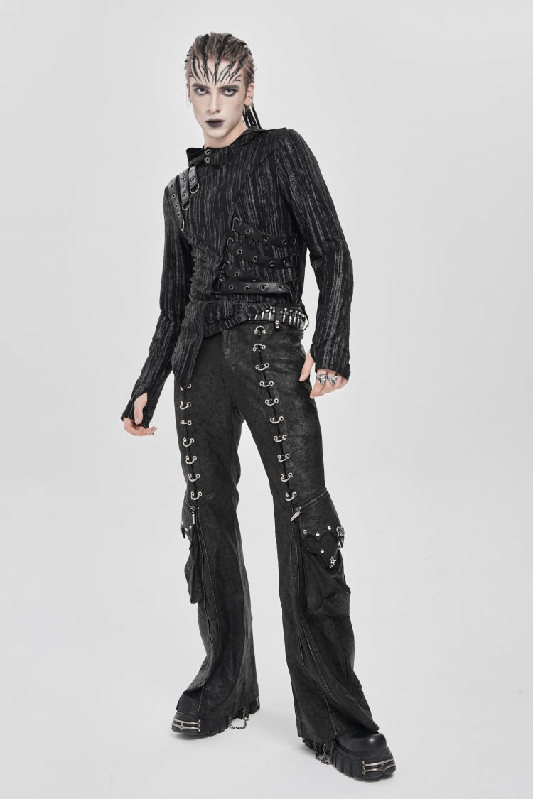 Black Long Sleeves Irregular Hooded Straps Eyelet Men's Punk Blouse