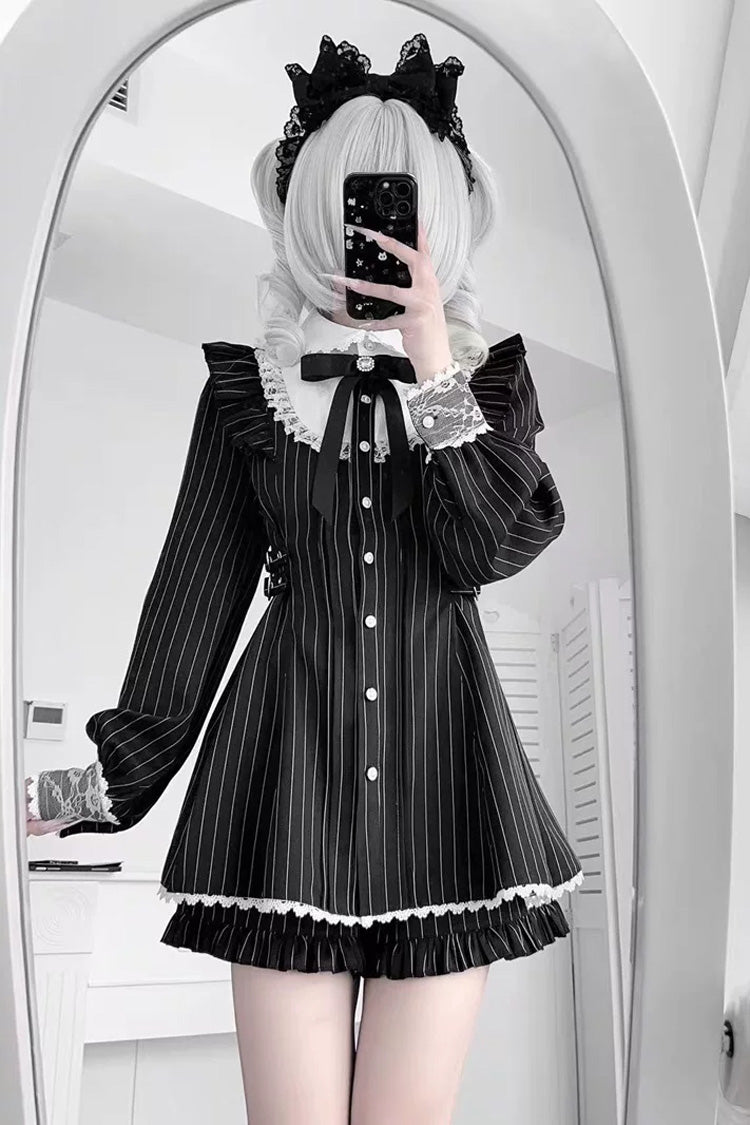 Black Doll Collar Long Sleeves Vertical Striped Printed Ruffled Bow Classic Lolita Dress