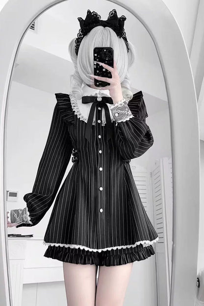 Black Doll Collar Long Sleeves Vertical Striped Printed Ruffled Bow Classic Lolita Dress