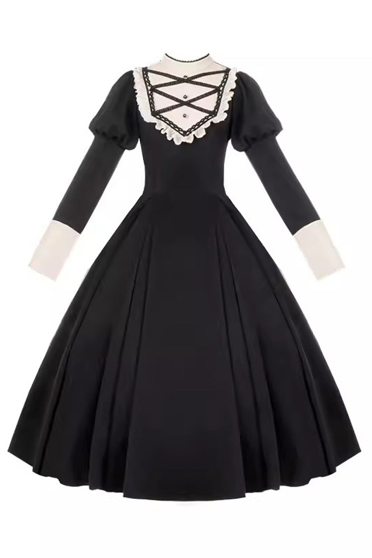 Black Nun Style Stand Collar Long Sleeves Ruffle Bowknot Gothic Elegant Lolita Dress