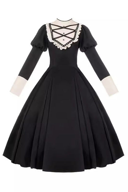 Black Nun Style Stand Collar Long Sleeves Ruffle Bowknot Gothic Elegant Lolita Dress