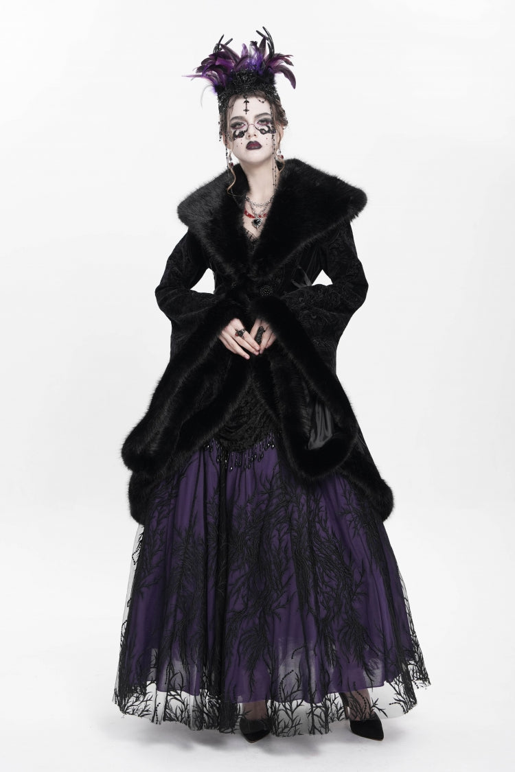 Black Long Sleeves Floral Embroidery Women's Gothic Fluffy Coat