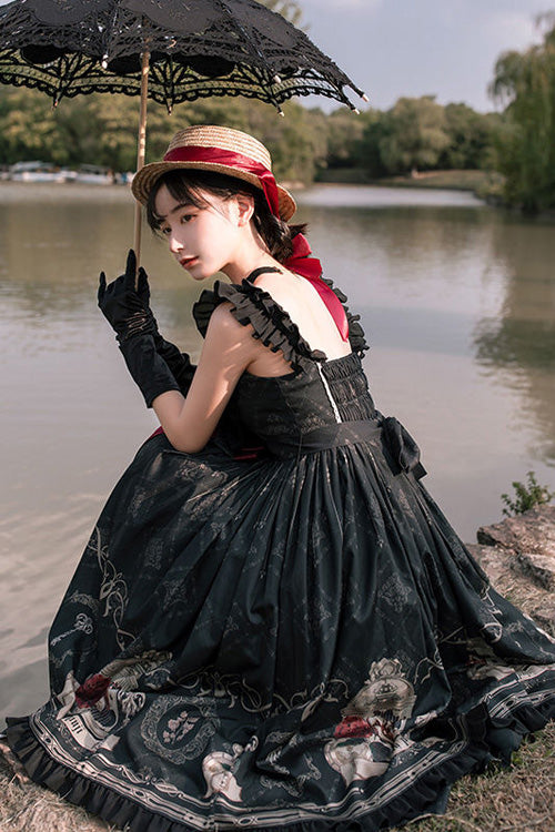 Black Nightingale Rose Print Bowknot Ruffled Strapless Gothic Lolita JSK Dress