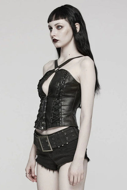 Black Cross Straps Hollow Lace-Up Womens Steampunk Vest
