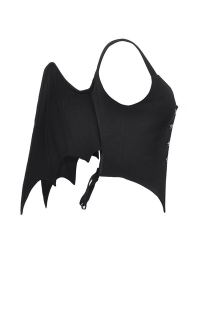 Black Lace-Up Buttons Back Bat Wings Women's Gothic Vest