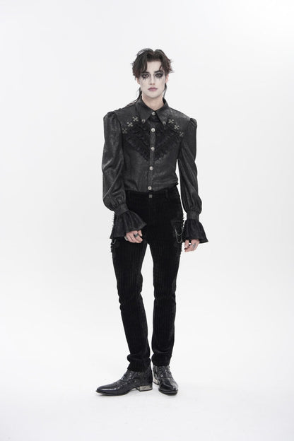 Black Cross Spider Turn-down Collar Long Trumpet Sleeves Printed Lace Men's Gothic Shirt