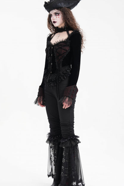Black Long Sleeves Ruffle Lace-Up Mesh Women's Gothic Blouse