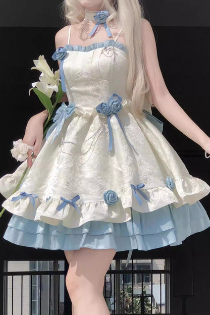 Apricot/Blue Print Ruffle Bowknot Sweet Princess Lolita Jsk Dress