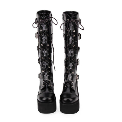 Black Cross Patent Leather Lace Up Long Gothic Lolita Boots