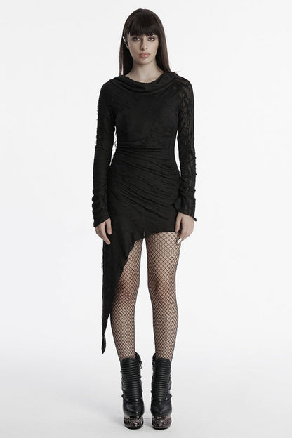 Black Long Sleeves Irregular Hooded Ripped Asymmetric Women's Punk Music Festival Dress