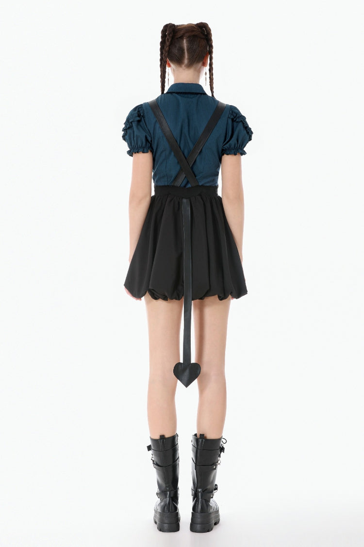 Black Bat Wing Buckled Women's Gothic Suspender Dress Graduation Dress with Tail