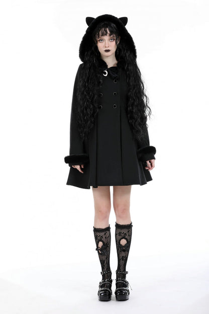 Black Long Sleeves Crescent Moon Bow Spliced Double-breasted Women's Gothic Coat with Cat Ear Hood