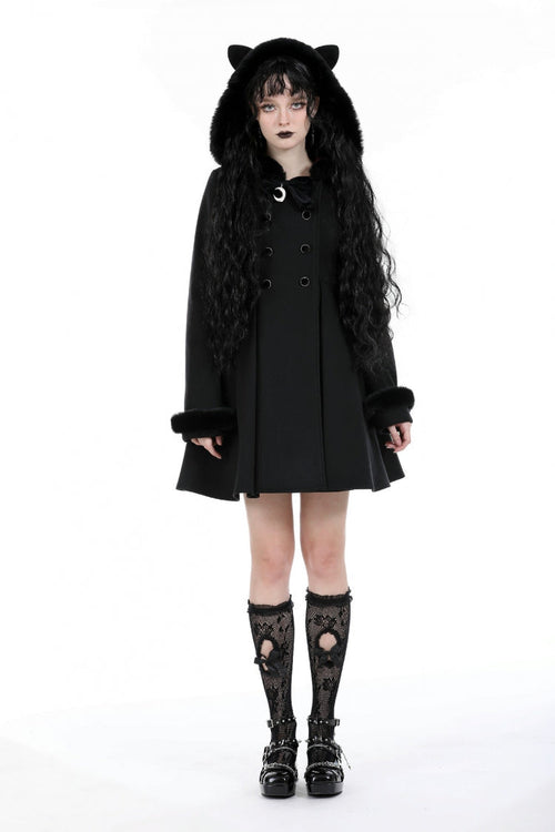 Black Long Sleeves Crescent Moon Bow Spliced Double-breasted Women's Gothic Coat with Cat Ear Hood