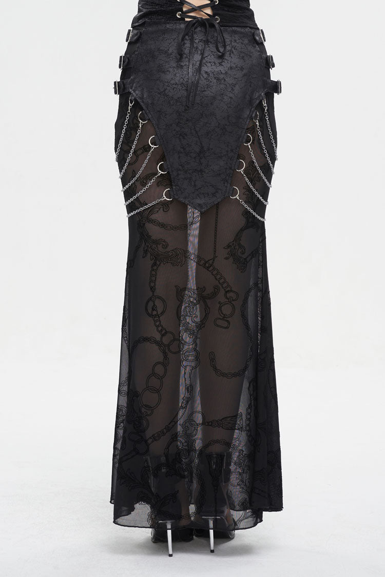 Black Mesh Splice Chain Fishtail Women's Gothic Skirt