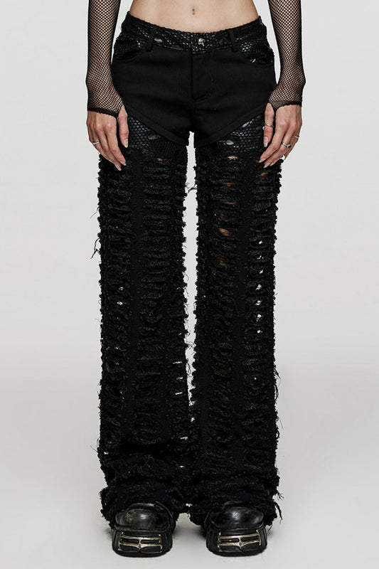 Black Embossed Stitching Mesh Ripped Women's Steampunk Straight Pants
