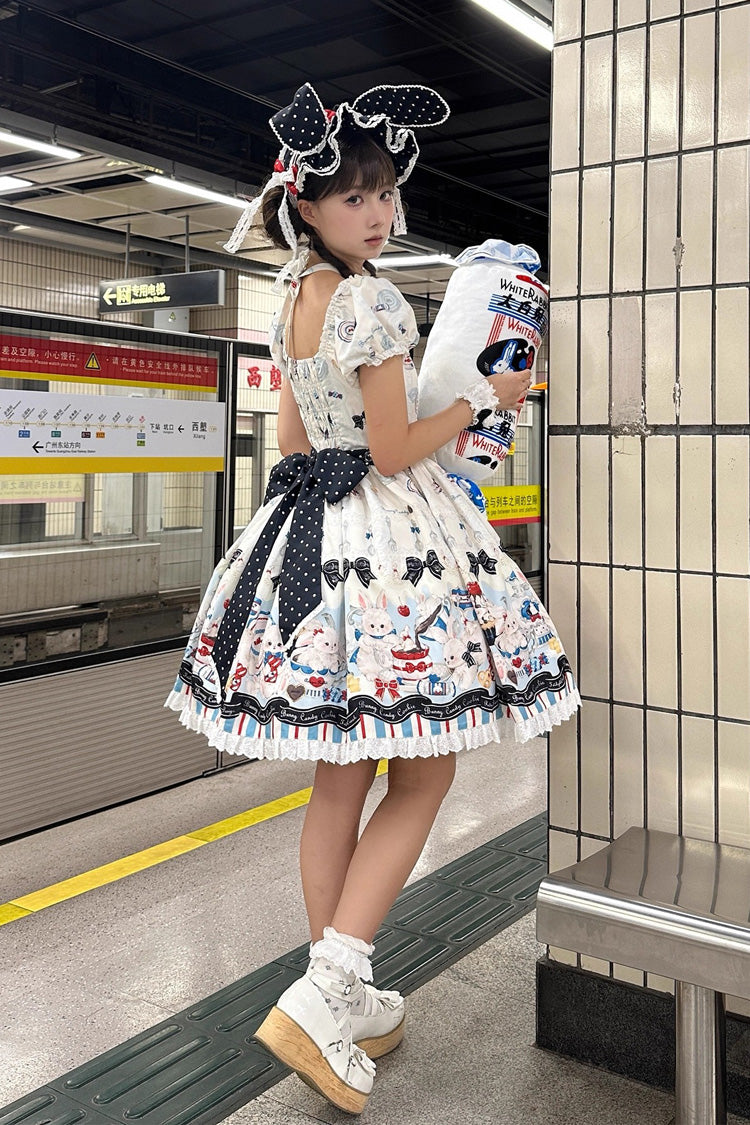 Beige [Mystery Rabbit Tea Party] Square Collar Short Sleeves Print Ruffle Bowknot Lace Sweet Lolita Dress