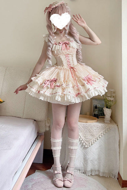 Apricot [Flory Butterfly] Double-Layered Ruffle Bowknot Lace Lace-Up Sweet Ballet Lolita Jsk Dress