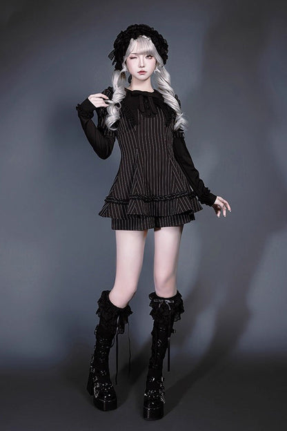 Black Long Sleeves Vertical Stripe Print Ruffle Bowknot Jirai Kei Japanese Witch Set