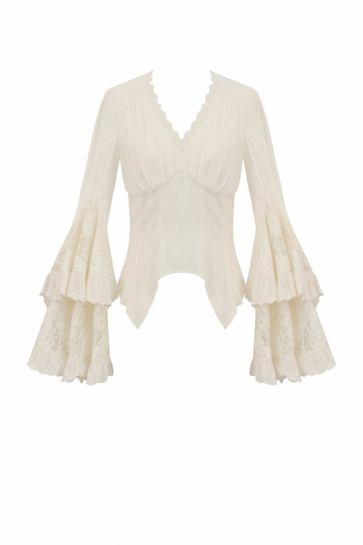 Beige V Collar Long Trumpet Sleeves Multi-Layered Lace-Up Women's Stempunk Blouse