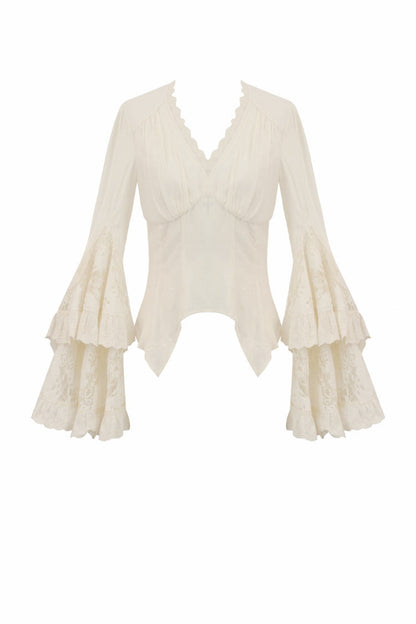 Beige V Collar Long Trumpet Sleeves Multi-Layered Lace-Up Women's Stempunk Blouse
