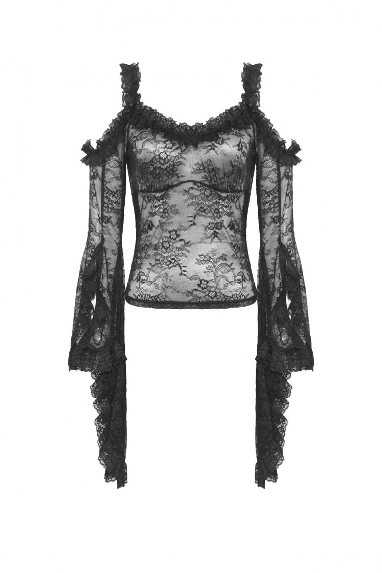 Black Off Shoulder Long Flare Sleeves Lace Women's Gothic Romantic Top