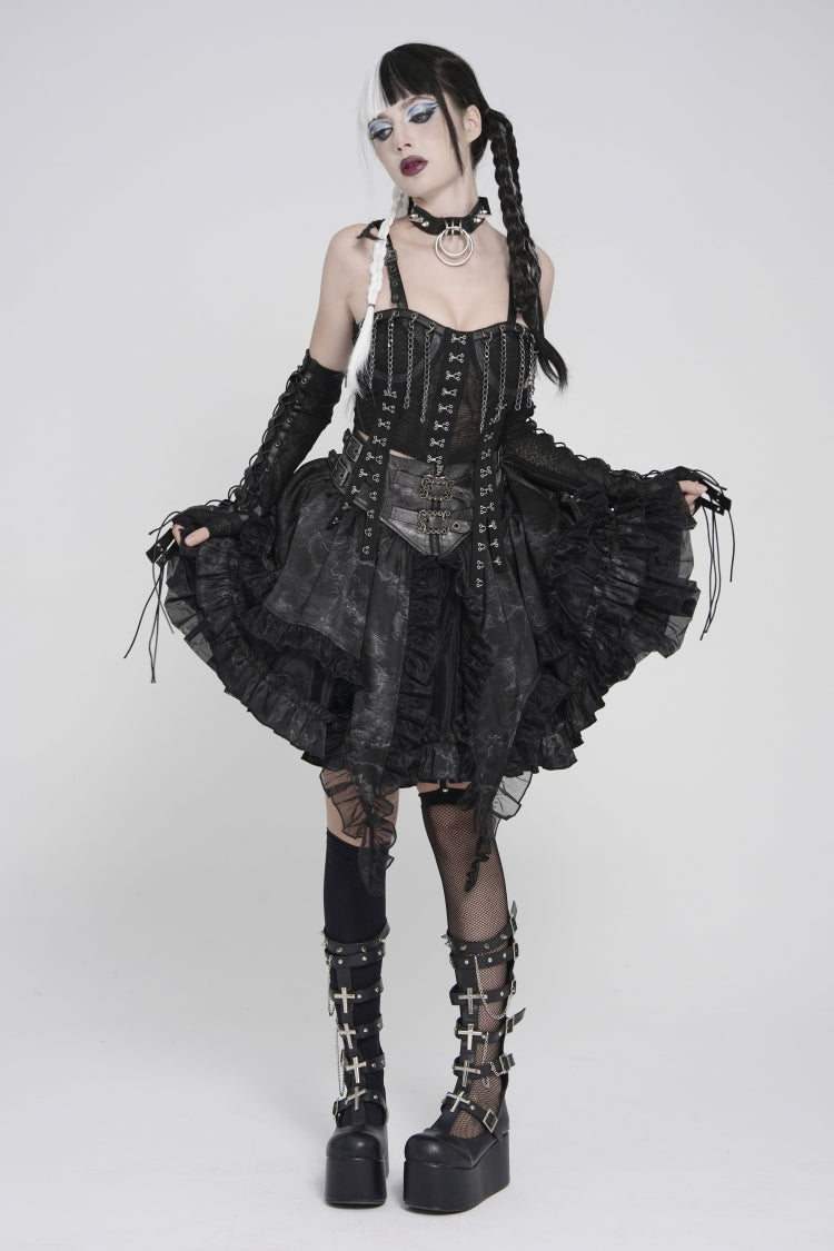 Black Off Shoulder Lace Lace-Up Slim Mesh Strappy Chain-Decorated Eyelet Women's Punk Corset