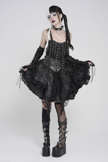 Black Off Shoulder Lace Lace-Up Slim Mesh Strappy Chain-Decorated Eyelet Women's Punk Corset