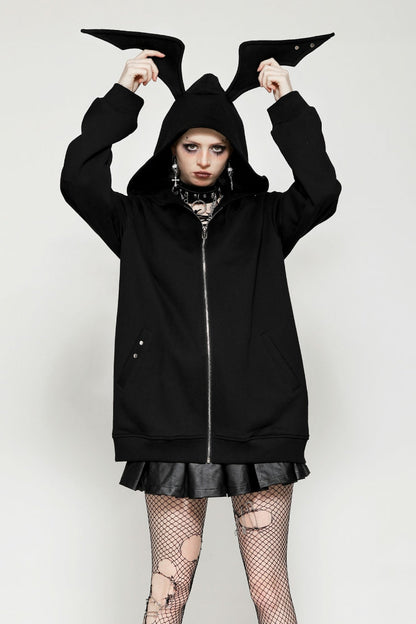 Black Long Sleeves Zippered Women's Gothic Batwing Hoodie