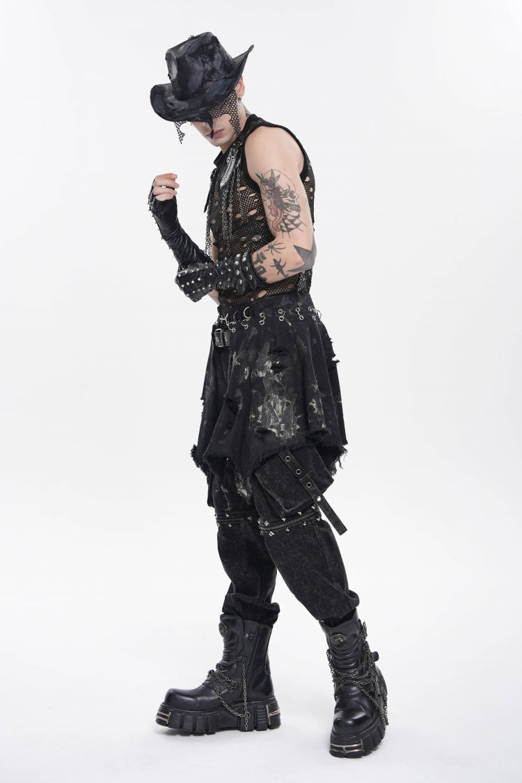Black Irregular Ripped Buckled Pleated Chain-Decorated Men's Punk Skirt