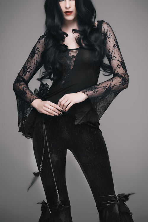 Black Front Chest Rose Decoration Flare Sleeve Irregular Lace Hem Knit Women's Gothic T-Shirt