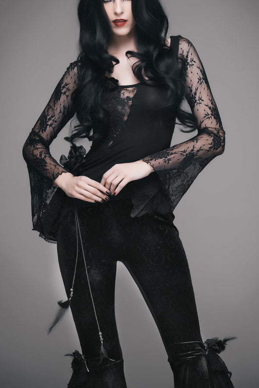 Black Front Chest Rose Decoration Flare Sleeve Irregular Lace Hem Knit Women's Gothic T-Shirt
