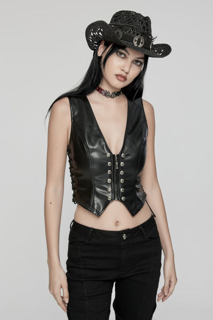 Black Lace-Up Slim Zippered Women's Punk Cool Faux Leather Vest