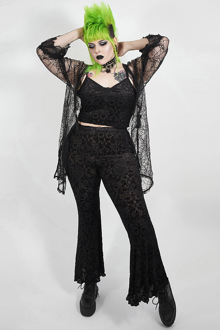 Black Plus Size Velvet Print Front Decals Knit Flare Women's Gothic Pants