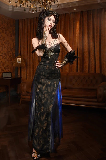 Black Gilded European Style V Collar Sleeveless Print Ruffle Lace Slim Gothic Lolita Jsk Dress