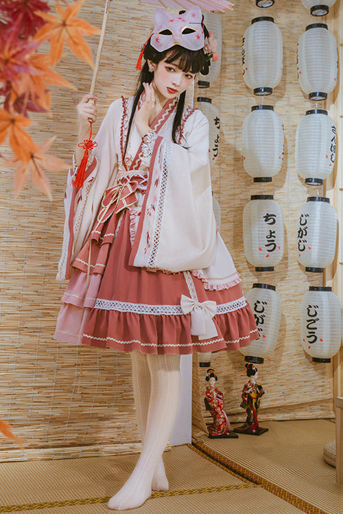Beige/Pink Wide Sleeved Multi-Layered Ruffle Sweet Lolita OP Dress