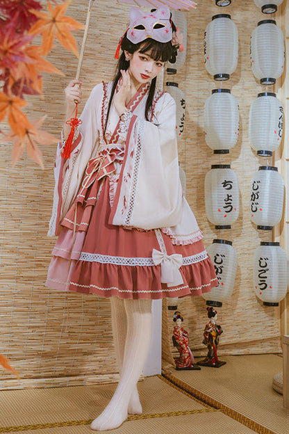 Beige/Pink Wide Sleeved Multi-Layered Ruffle Sweet Lolita OP Dress