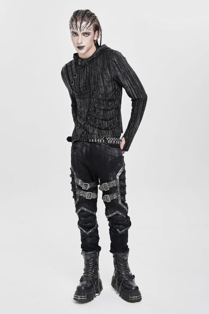 Black Buckle Straps Pleated Men's Punk Pants