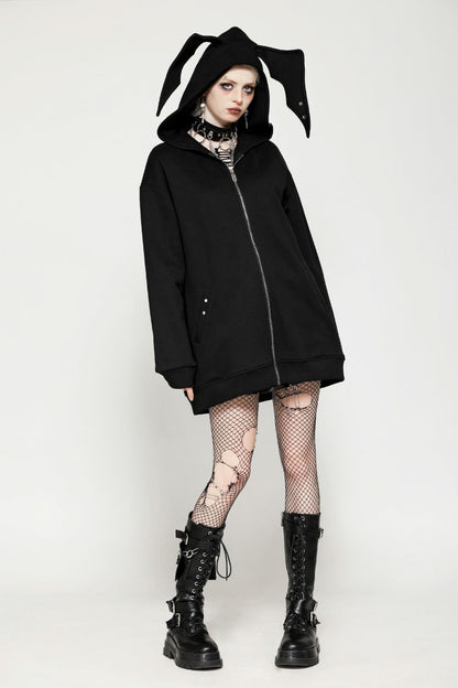 Black Long Sleeves Zippered Women's Gothic Batwing Hoodie