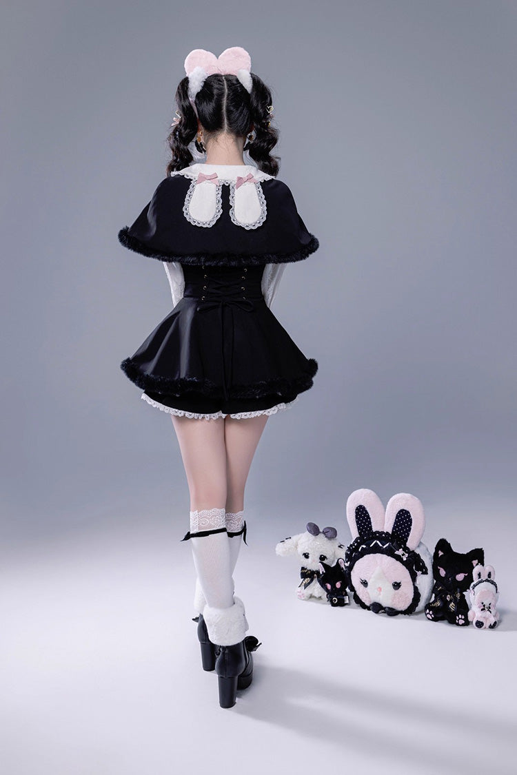 Black Long Sleeves Ruffle Bowknot Lace-Up Japanese Jirai Kei Dress Shorts Plush Set