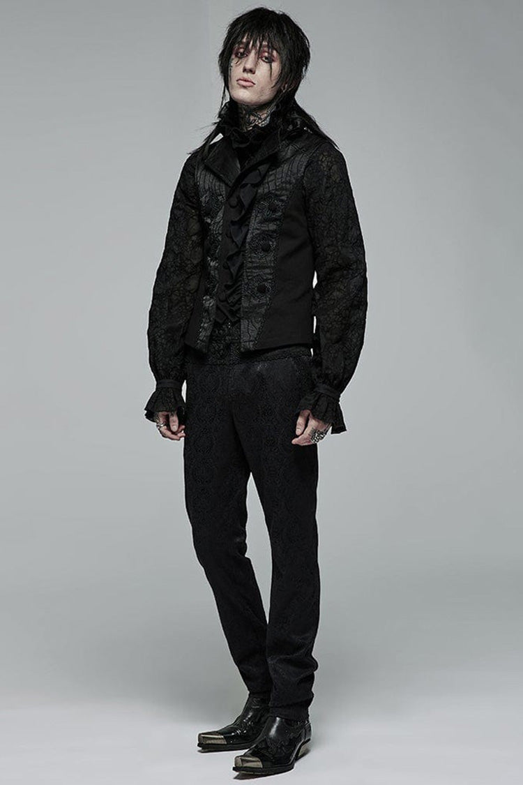 Black Gothic Noble Jacquard Embroidery Pleated Ruffle Delicate Buttons Decoration Men's Vest