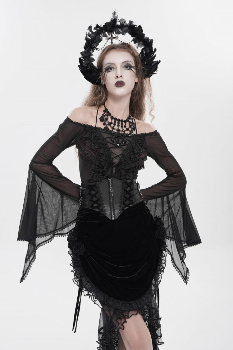 Black Crochet Lace-Up Slim Zippered Women's Gothic Accessory Zip Girdle