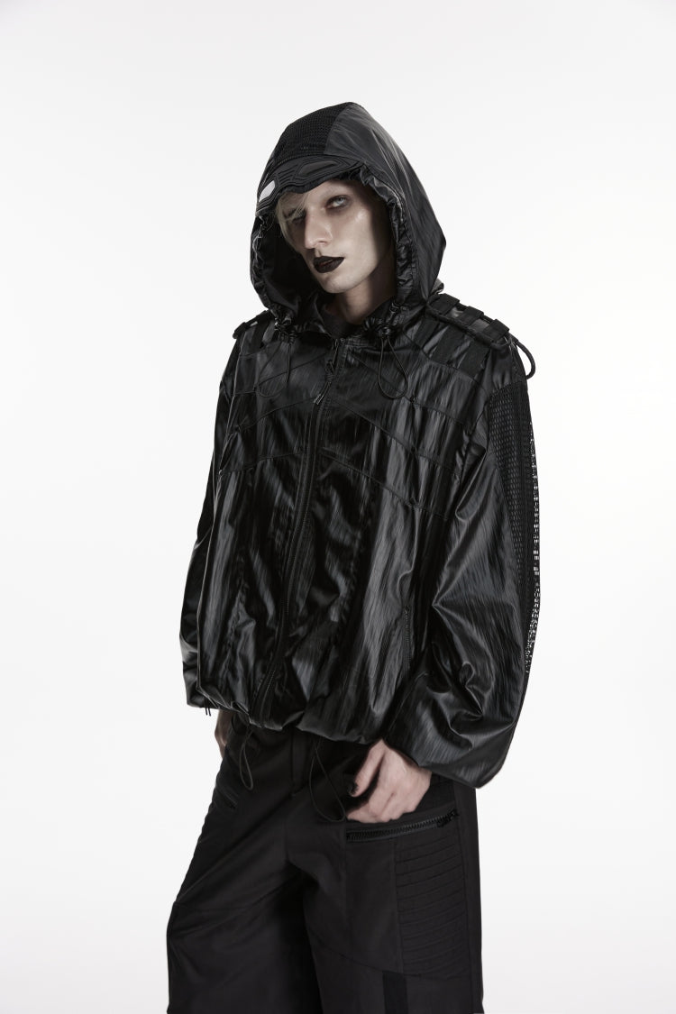 Black Lapel Collar Long Lantern Sleeves Lace-Up Hooded Mesh Zippered Men's  Punk Cool Jacket