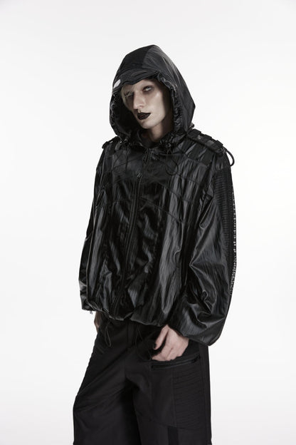 Black Lapel Collar Long Lantern Sleeves Lace-Up Hooded Mesh Zippered Men's  Punk Cool Jacket