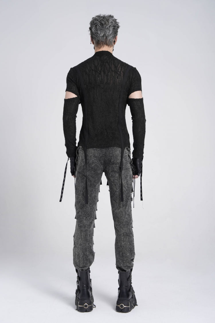Black Long Sleeves Strap Lace-Up Irregular Mesh Men's Gothic T-Shirt